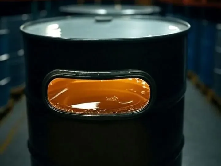 Dark drum with a sight window showing amber fuel oil