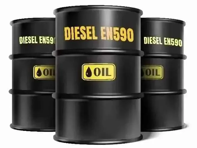 Black oil drums labelled Diesel EN590