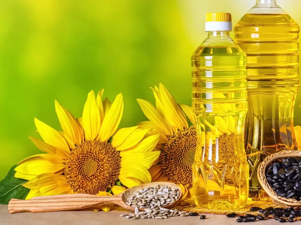Bottles of sunflower oil beside sunflowers
